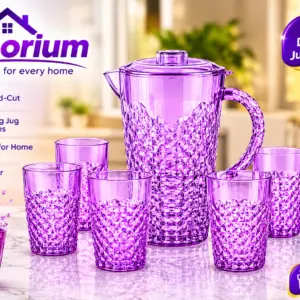 7 Piece Acrylic Water Jug & Tumblers Set – 2.4L Plastic Drinks Pitcher with Lid & 6 Matching Cups – Reusable BPA-Free Serving Set for Water, Juice, Squash, Iced Tea & Outdoor Dining - Purple