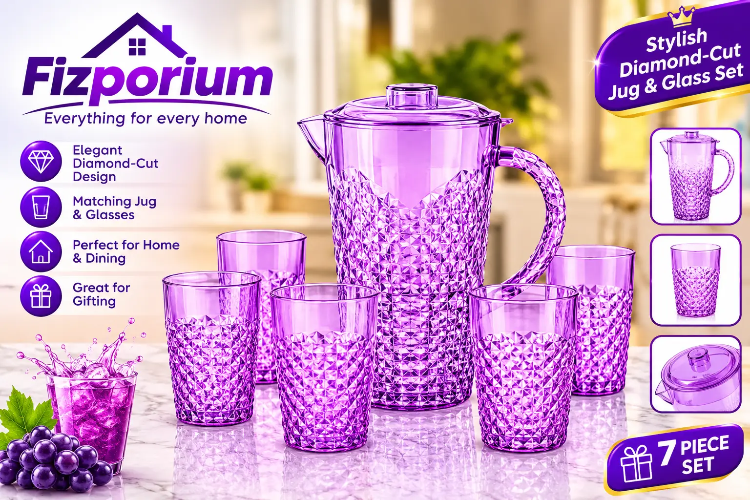 7 Piece Acrylic Water Jug & Tumblers Set – 2.4L Plastic Drinks Pitcher with Lid & 6 Matching Cups – Reusable BPA-Free Serving Set for Water, Juice, Squash, Iced Tea & Outdoor Dining - Purple