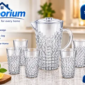 Acrylic Water Jug Set with 6 Glasses – 2.5 Litre Clear Jug with Lid & 6 x 400ml Tumblers | 7 Piece BPA-Free Drinkware Set | Crystal Effect Pitcher for Water, Juice, Iced Tea & Parties