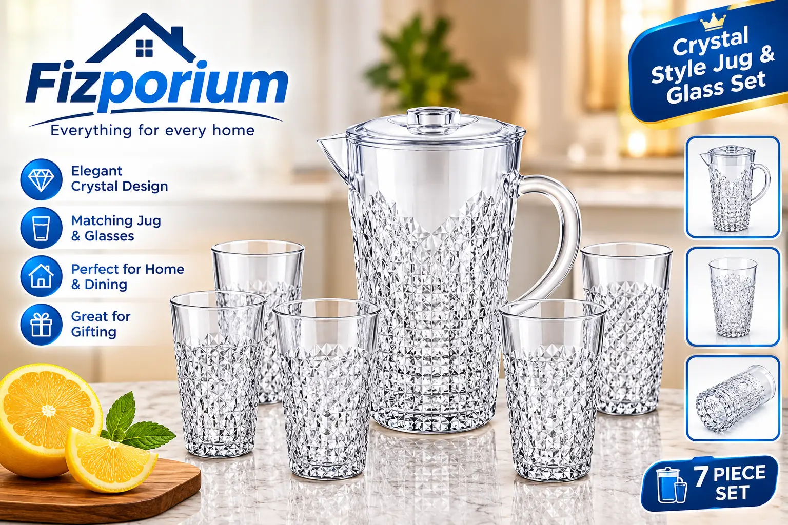 Acrylic Water Jug Set with 6 Glasses – 2.5 Litre Clear Jug with Lid & 6 x 400ml Tumblers | 7 Piece BPA-Free Drinkware Set | Crystal Effect Pitcher for Water, Juice, Iced Tea & Parties