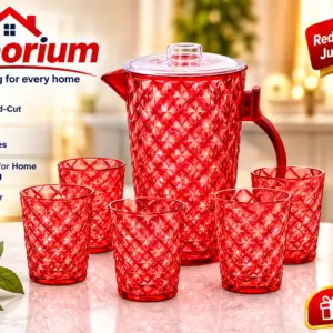 7 Piece Plastic Drink Set with 1.8L Jug & 6 x 380ml Tumblers | Diamond Cut Water Juice Pitcher with Lid | BPA Free Reusable Drinkware for Home, Garden, BBQ, Picnic & Parties | Red