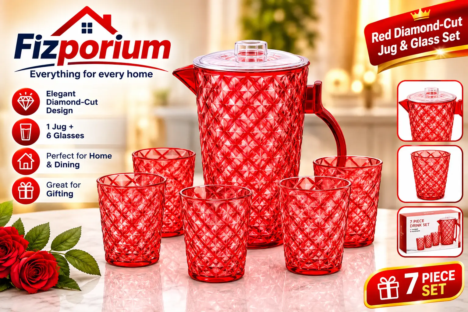 7 Piece Plastic Drink Set with 1.8L Jug & 6 x 380ml Tumblers | Diamond Cut Water Juice Pitcher with Lid | BPA Free Reusable Drinkware for Home, Garden, BBQ, Picnic & Parties | Red