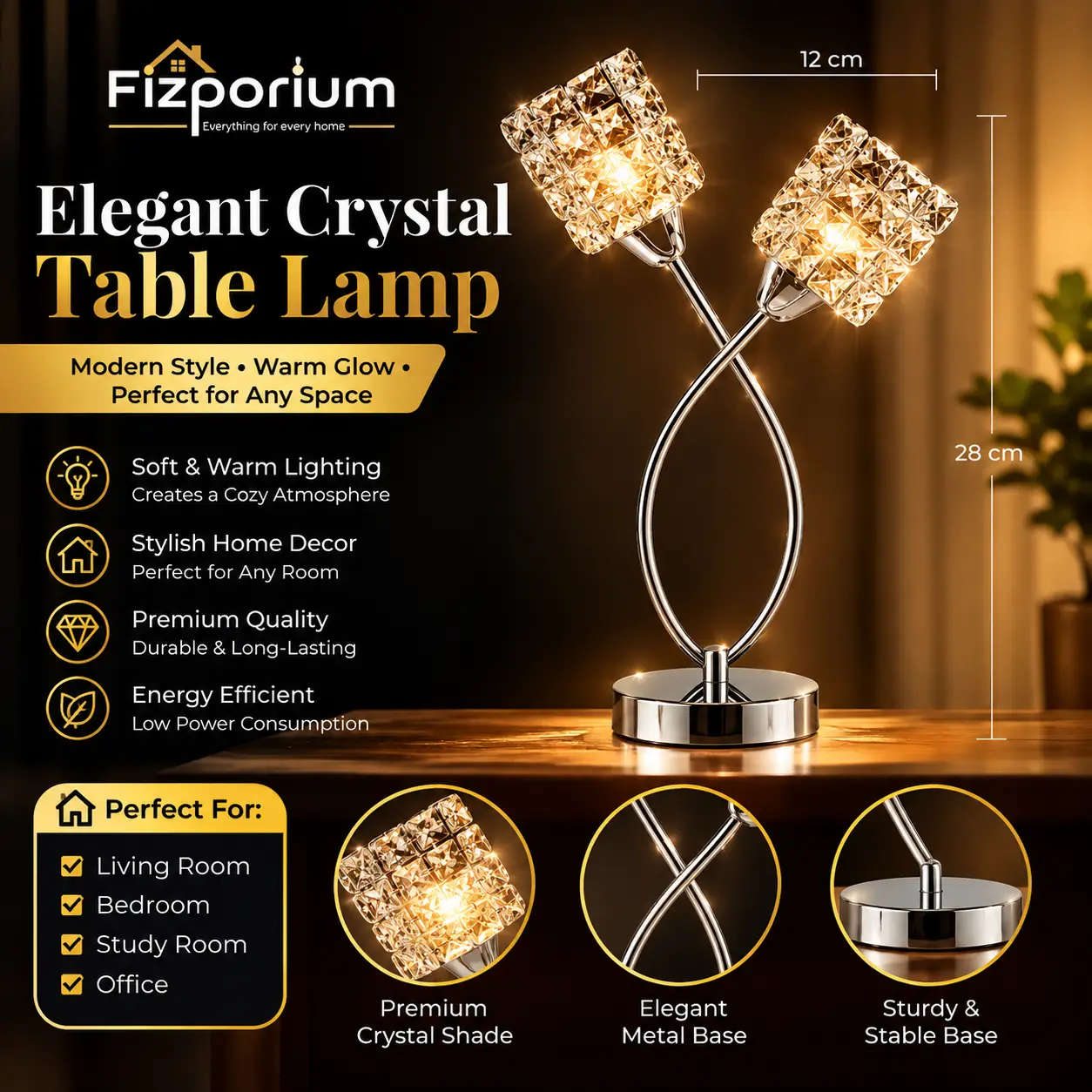 2 Bulbs Crystal Table Lamp With Dimmer.