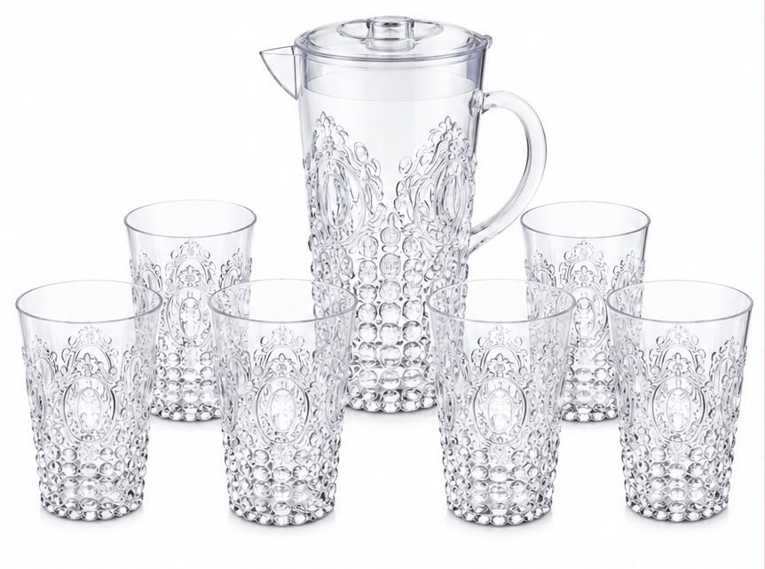 Acrylic Water Jug Set with 6 Glasses – 2.5 Litre Clear Jug with Lid & 6 x 400ml Tumblers | 7 Piece BPA-Free Drinkware Set | Crystal Effect Pitcher for Water, Juice, Iced Tea & Parties - Image 2