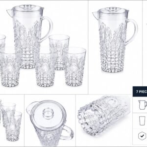 Acrylic Water Jug Set with 6 Glasses – 2.5 Litre Clear Jug with Lid & 6 x 400ml Tumblers | 7 Piece BPA-Free Drinkware Set | Crystal Effect Pitcher for Water, Juice, Iced Tea & Parties