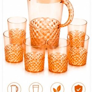 7 Piece Acrylic Water Jug & Tumblers Set – 2.4L Plastic Drinks Pitcher with Lid & 6 Matching Cups – Reusable BPA-Free Serving Set for Water, Juice, Squash, Iced Tea & Outdoor Dining - Amber