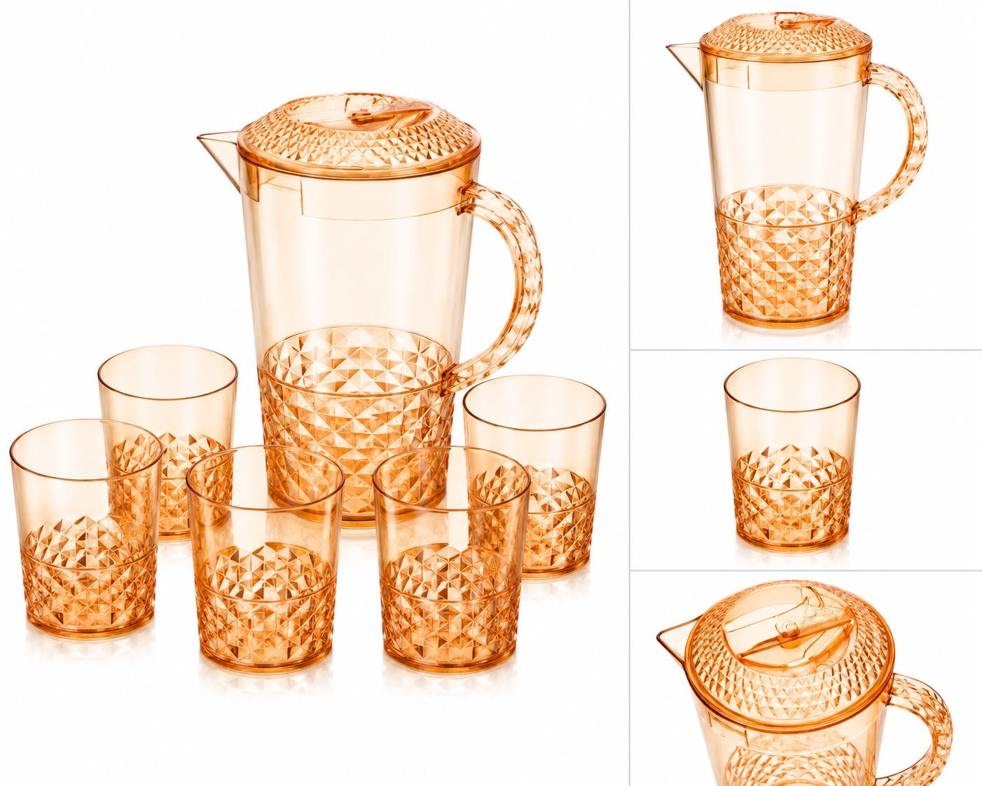 7 Piece Acrylic Water Jug & Tumblers Set – 2.4L Plastic Drinks Pitcher with Lid & 6 Matching Cups – Reusable BPA-Free Serving Set for Water, Juice, Squash, Iced Tea & Outdoor Dining - Amber - Image 2