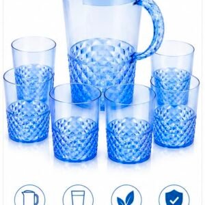 7 Piece Acrylic Water Jug & Tumblers Set – 2.4L Plastic Drinks Pitcher with Lid & 6 Matching Cups – Reusable BPA-Free Serving Set for Water, Juice, Squash, Iced Tea & Outdoor Dining - Blue