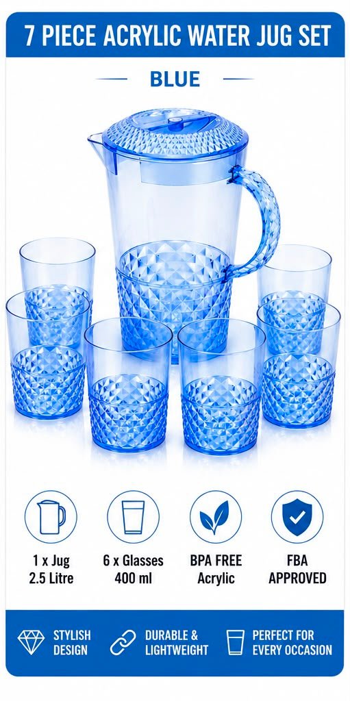 7 Piece Acrylic Water Jug & Tumblers Set – 2.4L Plastic Drinks Pitcher with Lid & 6 Matching Cups – Reusable BPA-Free Serving Set for Water, Juice, Squash, Iced Tea & Outdoor Dining - Blue