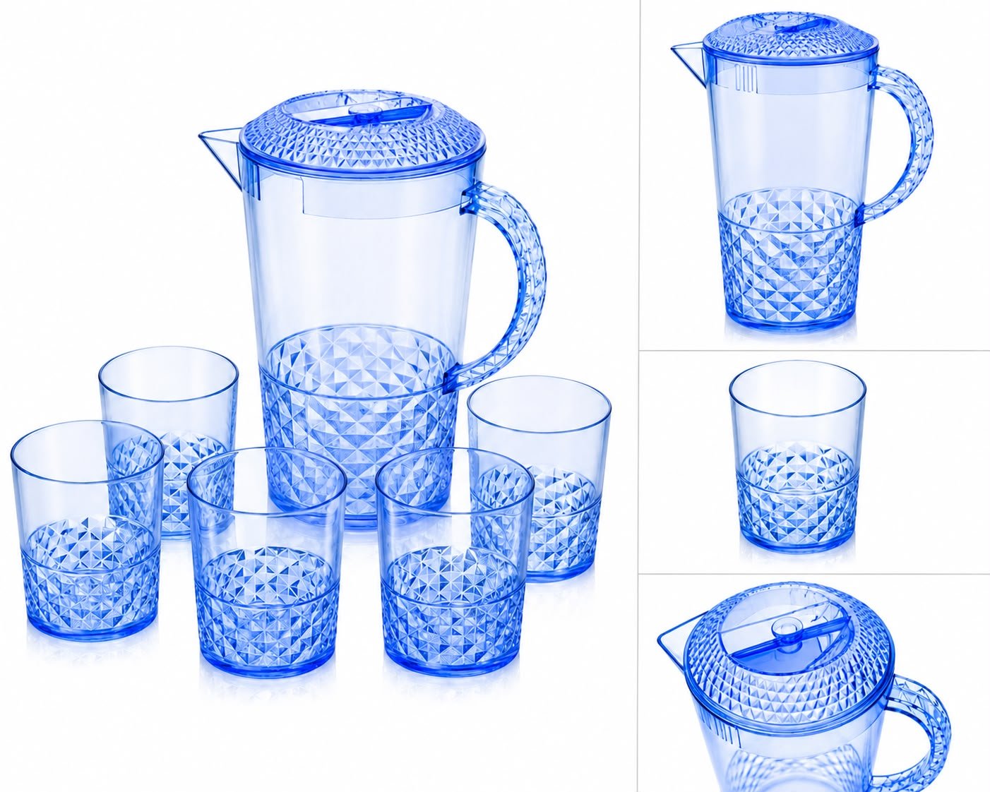 7 Piece Acrylic Water Jug & Tumblers Set – 2.4L Plastic Drinks Pitcher with Lid & 6 Matching Cups – Reusable BPA-Free Serving Set for Water, Juice, Squash, Iced Tea & Outdoor Dining - Blue - Image 2