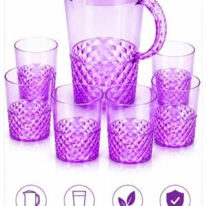 7 Piece Acrylic Water Jug & Tumblers Set – 2.4L Plastic Drinks Pitcher with Lid & 6 Matching Cups – Reusable BPA-Free Serving Set for Water, Juice, Squash, Iced Tea & Outdoor Dining - Purple