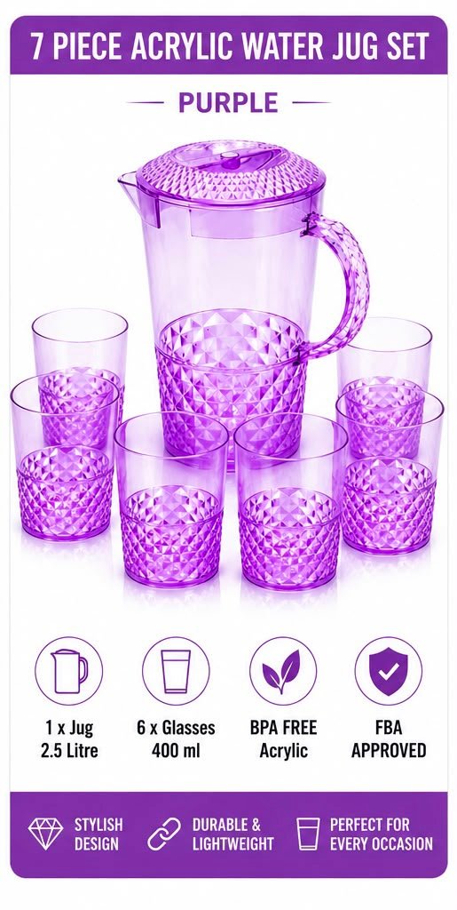 7 Piece Acrylic Water Jug & Tumblers Set – 2.4L Plastic Drinks Pitcher with Lid & 6 Matching Cups – Reusable BPA-Free Serving Set for Water, Juice, Squash, Iced Tea & Outdoor Dining - Purple