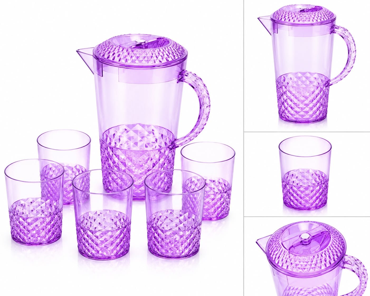 7 Piece Acrylic Water Jug & Tumblers Set – 2.4L Plastic Drinks Pitcher with Lid & 6 Matching Cups – Reusable BPA-Free Serving Set for Water, Juice, Squash, Iced Tea & Outdoor Dining - Purple - Image 2