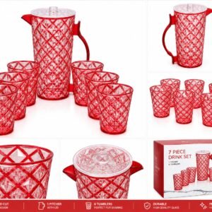 7 Piece Plastic Drink Set with 1.8L Jug & 6 x 380ml Tumblers | Diamond Cut Water Juice Pitcher with Lid | BPA Free Reusable Drinkware for Home, Garden, BBQ, Picnic & Parties | Red