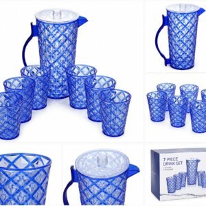 7 Piece Plastic Drink Set with 1.8L Jug & 6 x 380ml Tumblers | Diamond Cut Water Juice Pitcher with Lid | BPA Free Reusable Drinkware for Home, Garden, BBQ, Picnic & Parties | Blue