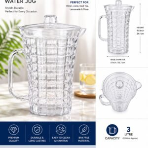 3 Litre Heavy Duty Clear Water Jug with Lid | BPA Free Plastic Juice & Drinks Serving Jug | Refrigerator Safe | Durable for Home, Office, Garden & Parties