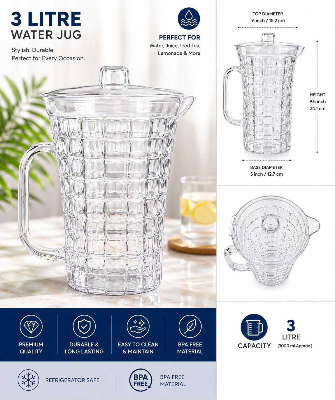 3 Litre Heavy Duty Clear Water Jug with Lid | BPA Free Plastic Juice & Drinks Serving Jug | Refrigerator Safe | Durable for Home, Office, Garden & Parties