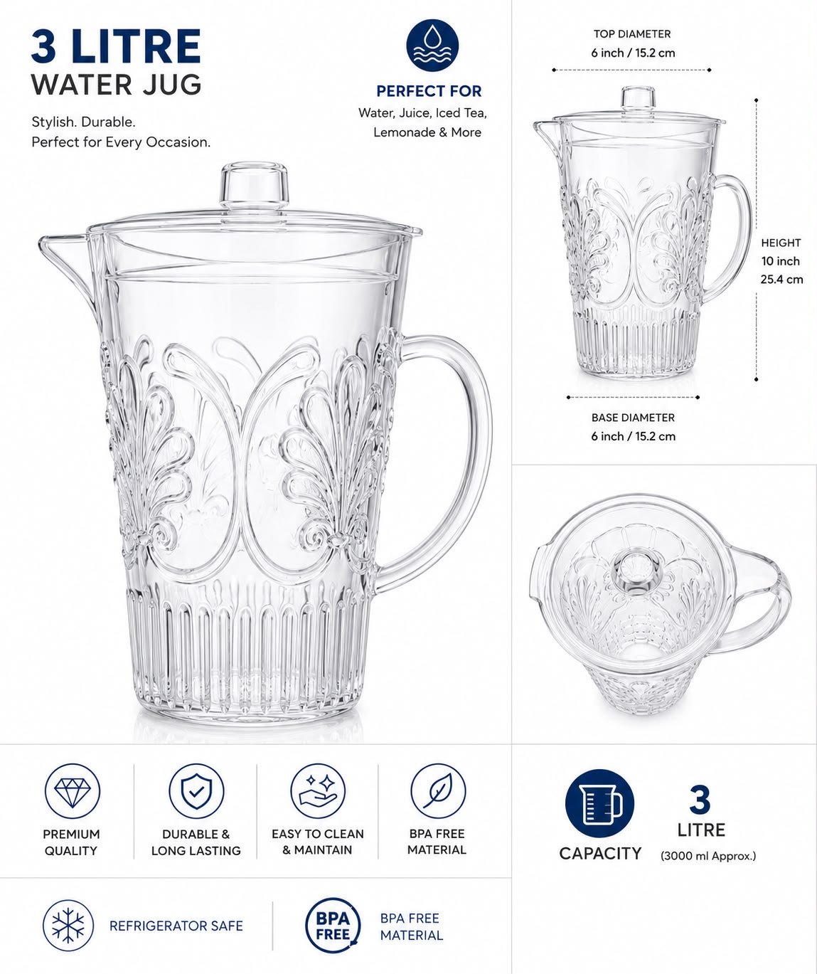 3 Litre Heavy Duty Clear Water Jug with Lid | BPA Free Plastic Juice & Drinks Serving Jug | Refrigerator Safe | Durable for Home, Office, Garden & Parties - Image 3