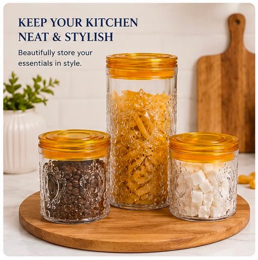 3 Piece Storage Jar Set with Amber Lids – Airtight Food Storage Containers, Clear Embossed Kitchen Canisters for Tea, Coffee, Sugar, Pasta, Biscuits & Snacks - Image 3