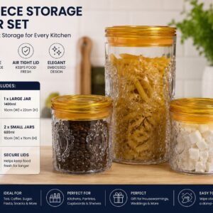 3 Piece Storage Jar Set with Amber Lids – Airtight Food Storage Containers, Clear Embossed Kitchen Canisters for Tea, Coffee, Sugar, Pasta, Biscuits & Snacks