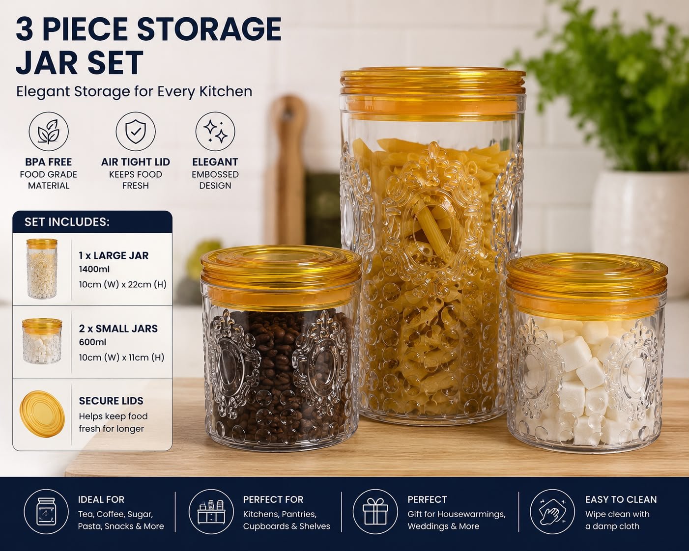 3 Piece Storage Jar Set with Amber Lids – Airtight Food Storage Containers, Clear Embossed Kitchen Canisters for Tea, Coffee, Sugar, Pasta, Biscuits & Snacks