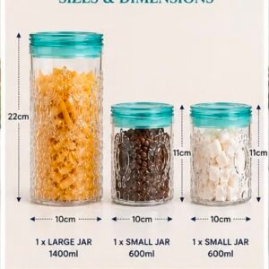3 Piece Storage Jar Set with Aqua Lids – Airtight Food Storage Containers, Clear Embossed Kitchen Canisters for Tea, Coffee, Sugar, Pasta, Biscuits & Snacks