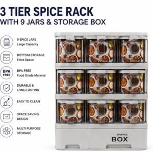 3 Tier Spice Rack with 9 Spice Jars & 2 Storage Drawers | Kitchen Spice Organiser with Spoons | BPA Free Plastic Seasoning Storage Rack | Space Saving Countertop Spice Holder – Grey
