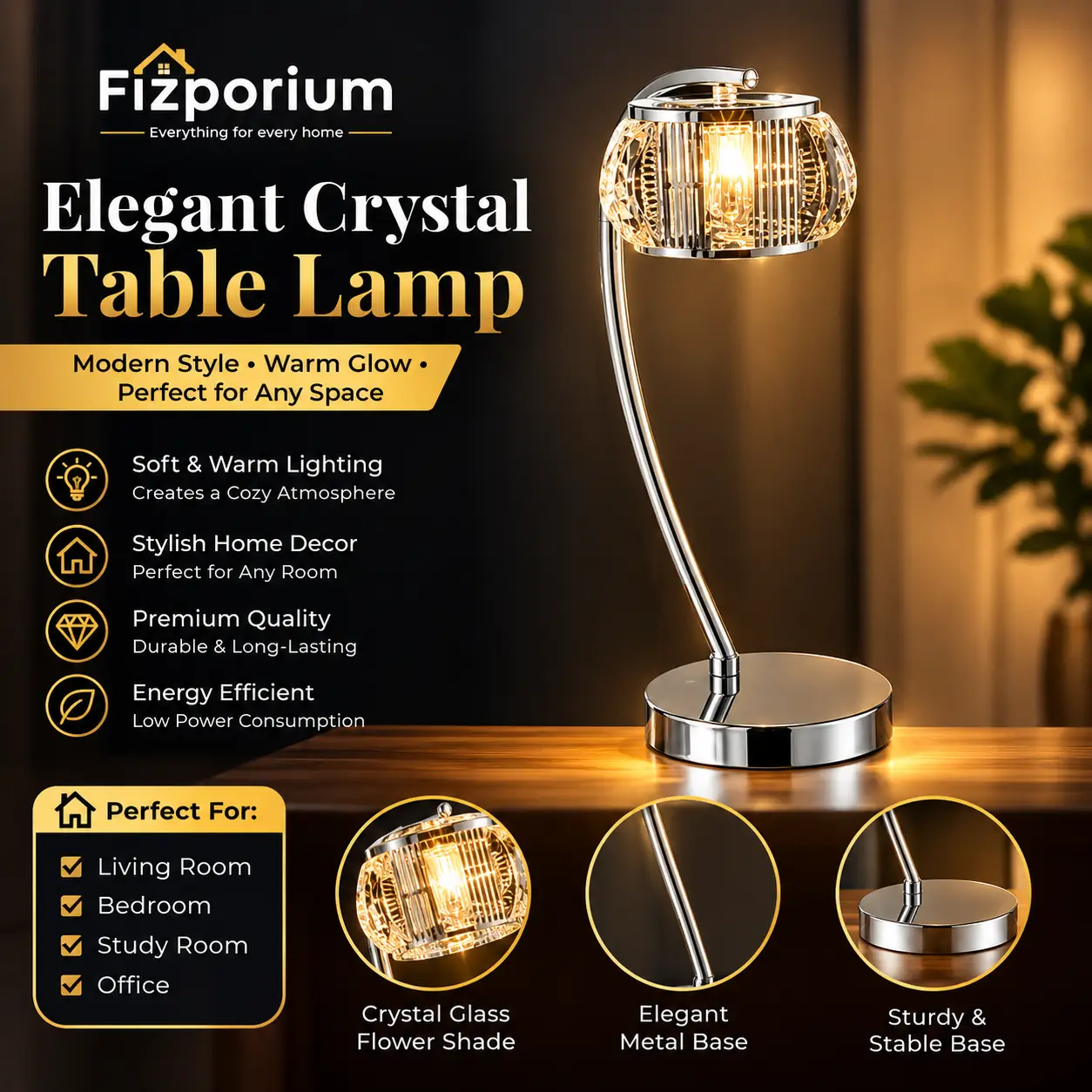 Elegant Chrome Crystal Glass Home Office Living Table Decor LED Lamp : W 120 x D 165cm x H 36cm