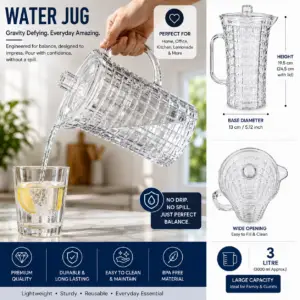 3 Litre Heavy Duty Clear Water Jug with Lid | BPA Free Plastic Juice & Drinks Serving Jug | Refrigerator Safe | Durable for Home, Office, Garden & Parties