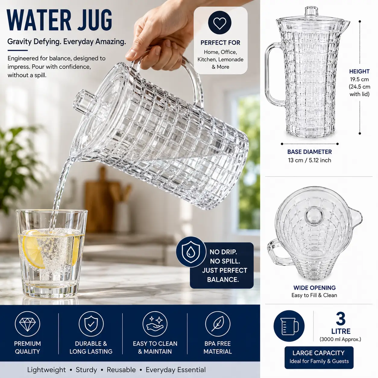 3 Litre Heavy Duty Clear Water Jug with Lid