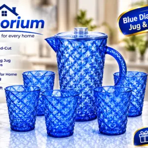 7 Piece Plastic Drink Set with 1.8L Jug & 6 x 380ml Tumblers | Diamond Cut Water Juice Pitcher with Lid | BPA Free Reusable Drinkware for Home, Garden, BBQ, Picnic & Parties | Blue