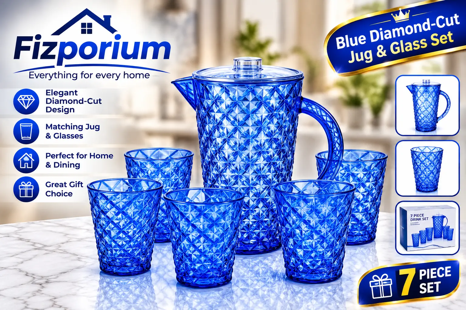 7 Piece Plastic Drink Set with 1.8L Jug & 6 x 380ml Tumblers | Diamond Cut Water Juice Pitcher with Lid | BPA Free Reusable Drinkware for Home, Garden, BBQ, Picnic & Parties | Blue