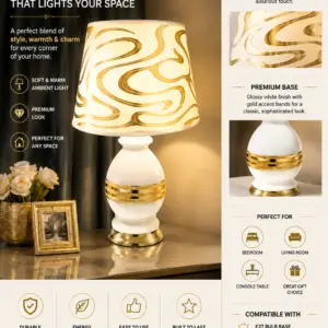 Urban Style Gold Silver Lines Table Lamp – White with Gold