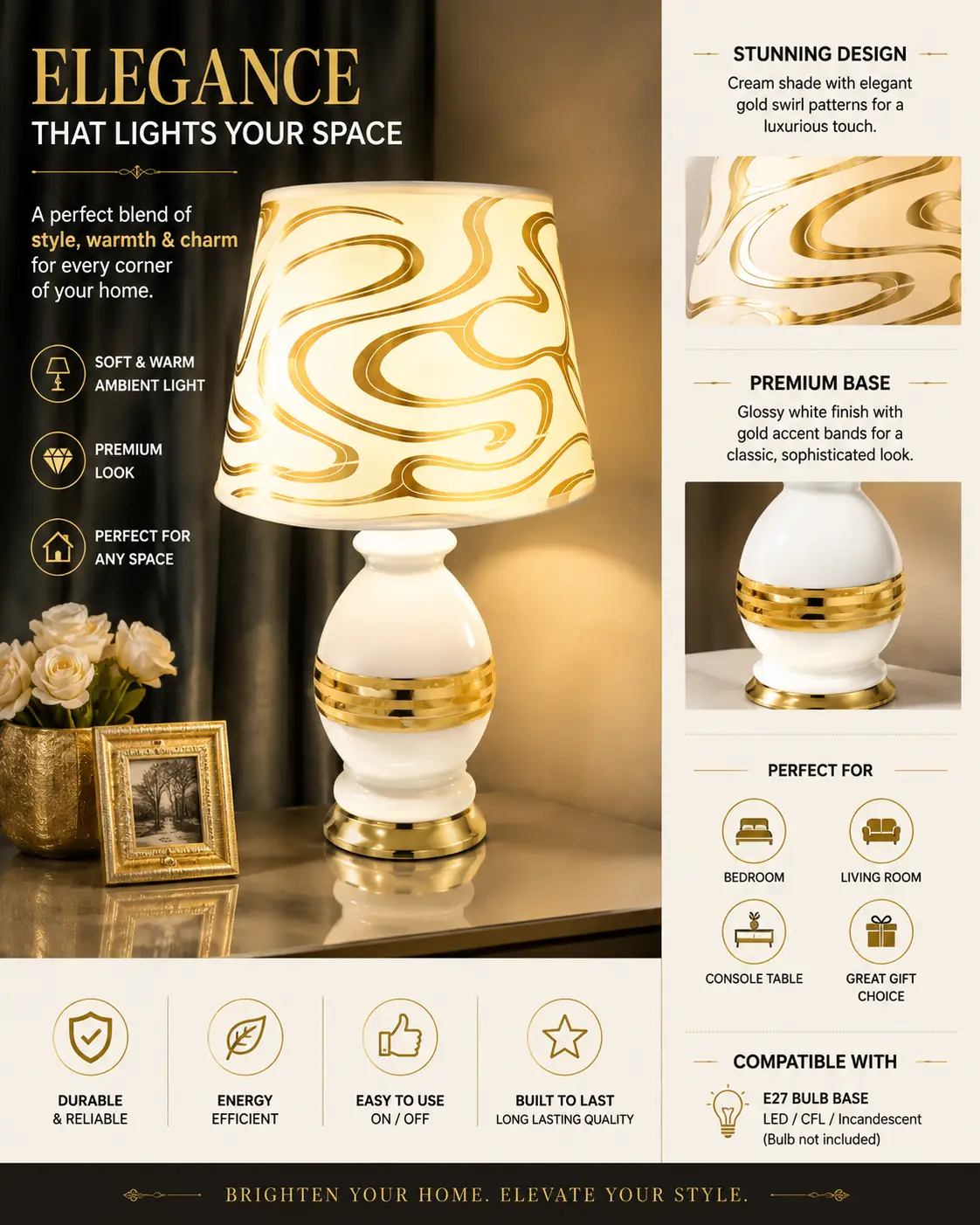 Urban Style Gold Silver Lines Table lamp - White with Gold