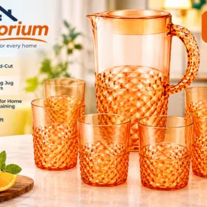 7 Piece Acrylic Water Jug & Tumblers Set – 2.4L Plastic Drinks Pitcher with Lid & 6 Matching Cups – Reusable BPA-Free Serving Set for Water, Juice, Squash, Iced Tea & Outdoor Dining - Amber