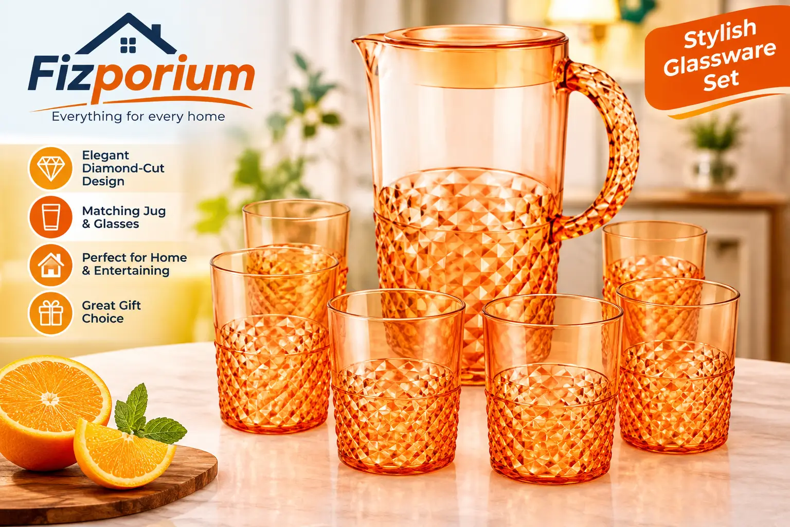 7 Piece Acrylic Water Jug & Tumblers Set – 2.4L Plastic Drinks Pitcher with Lid & 6 Matching Cups – Reusable BPA-Free Serving Set for Water, Juice, Squash, Iced Tea & Outdoor Dining - Amber