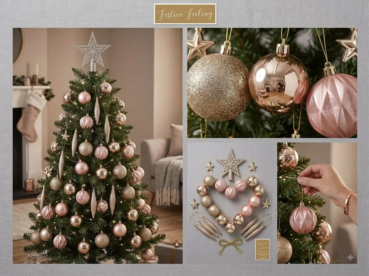 Festive Feeling 52-Piece Rose Gold & Champagne Christmas Tree Decoration Set with Star Topper - Image 3