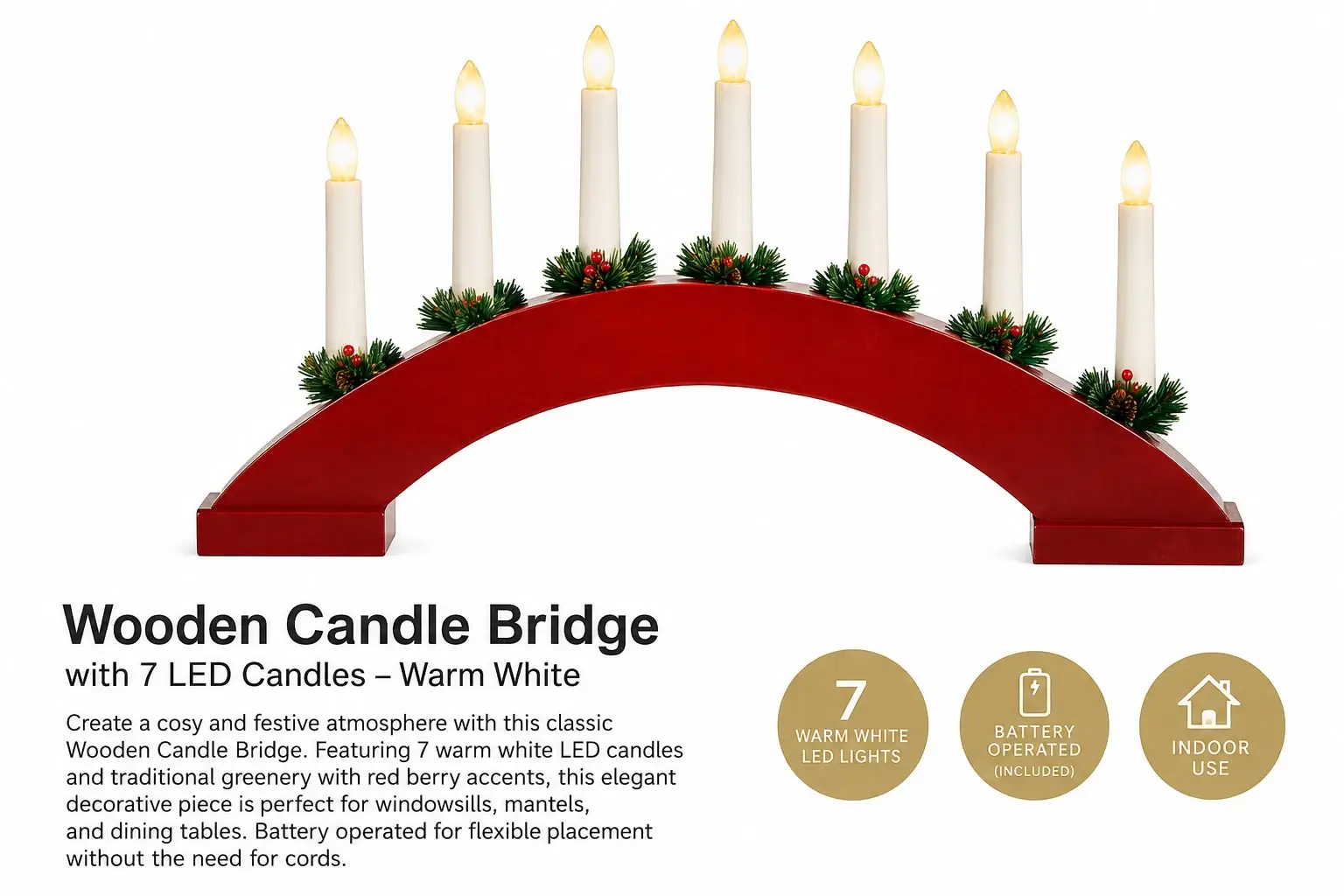 Red Wooden Candle Bridge with 7 Warm White LED Candles – Battery Operated Christmas Decoration - Image 2