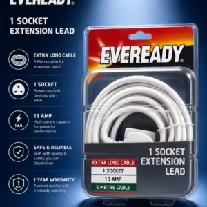 Eveready 1 Socket Extension Lead – 5 Metre Extra Long Cable, 13A