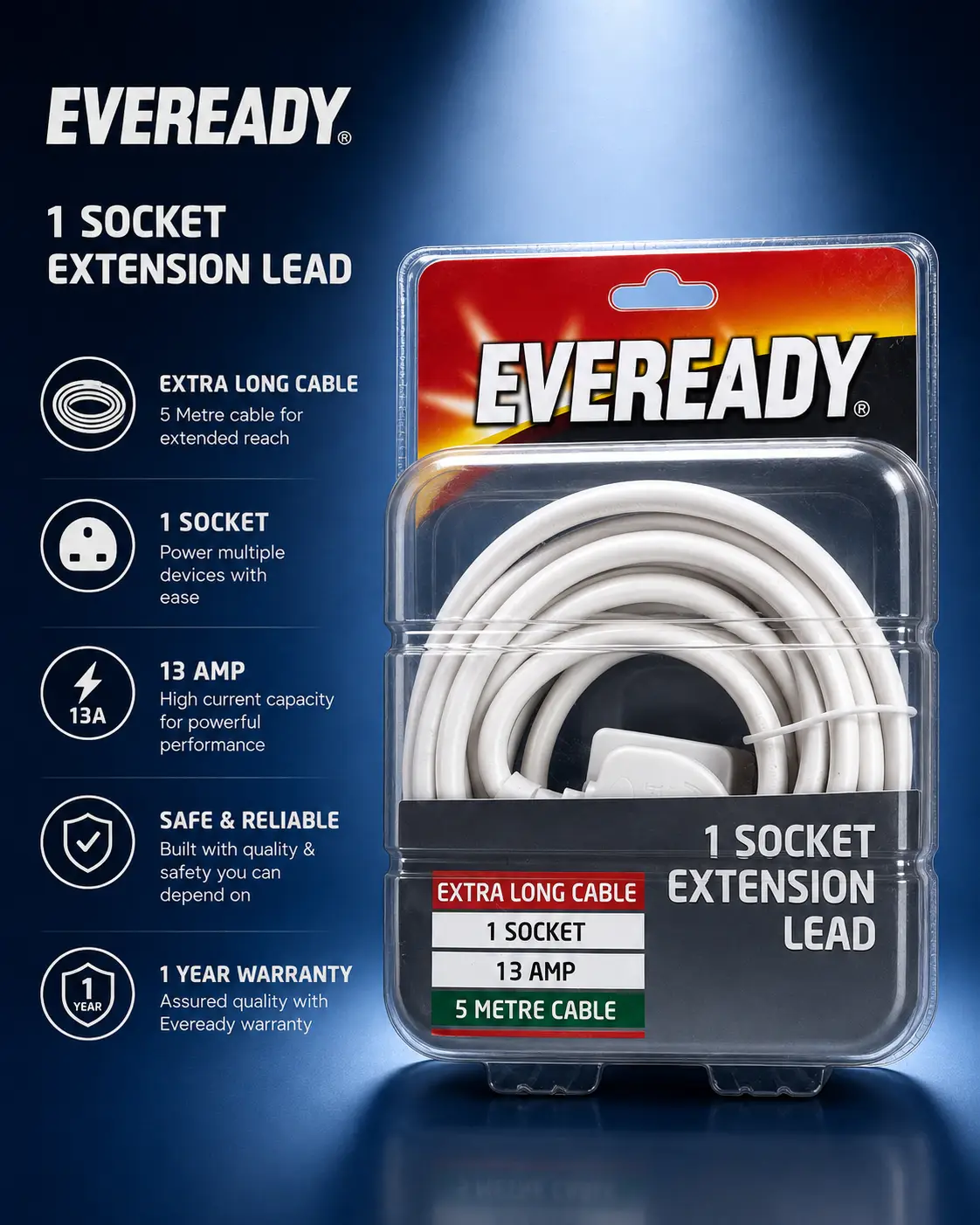 Eveready 1 Socket Extension Lead – 5 Metre Extra Long Cable, 13A