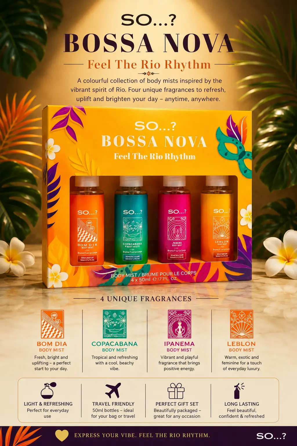 Fizporium SO…? Bossa Nova Body Mist Gift Set for Women – 4 x 50ml Fragrance Body Sprays | Copacabana Sunset, Rainforest Paradise, Rock in Rio & Tropical Tango | Ladies Gift Set.