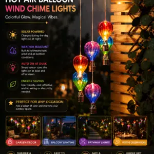 New Stunning Warm White LED Hot Air Balloon Solar Garden Light – Hanging Mobile Light,Automatic Dusk Activation, Perfect for Patio or Outdoor Spaces Garden Decor