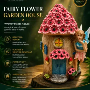 Pink Floral Roof Fairy House Resin Garden Ornament