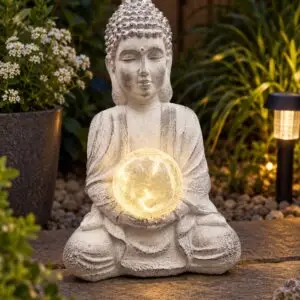Solar Powered Sitting Buddha Garden Ornament with Warm White LED
