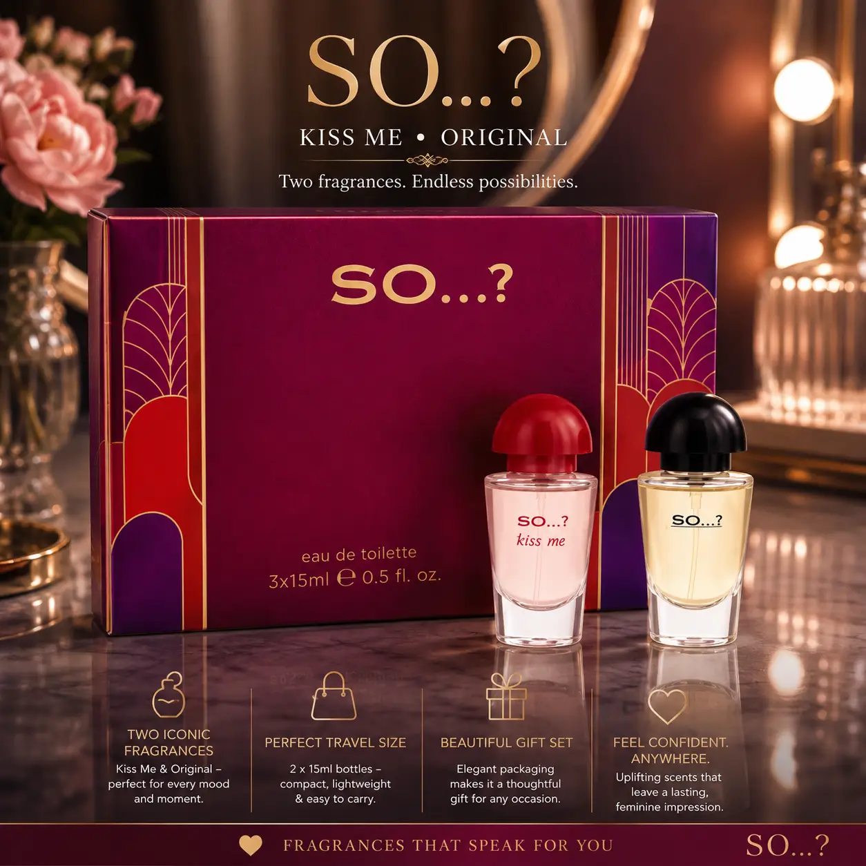 So…? Mini Eau de Toilette Gift Set for Women – 3 x 15ml Travel Size Perfume Collection | Kiss Me, Original & Sinful Fragrances | Ladies Gift Set for Birthday, Christmas & Travel