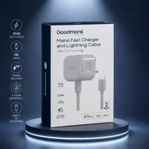 Goodmans Lightning Mains Charger & Cable 1.2m - Grey