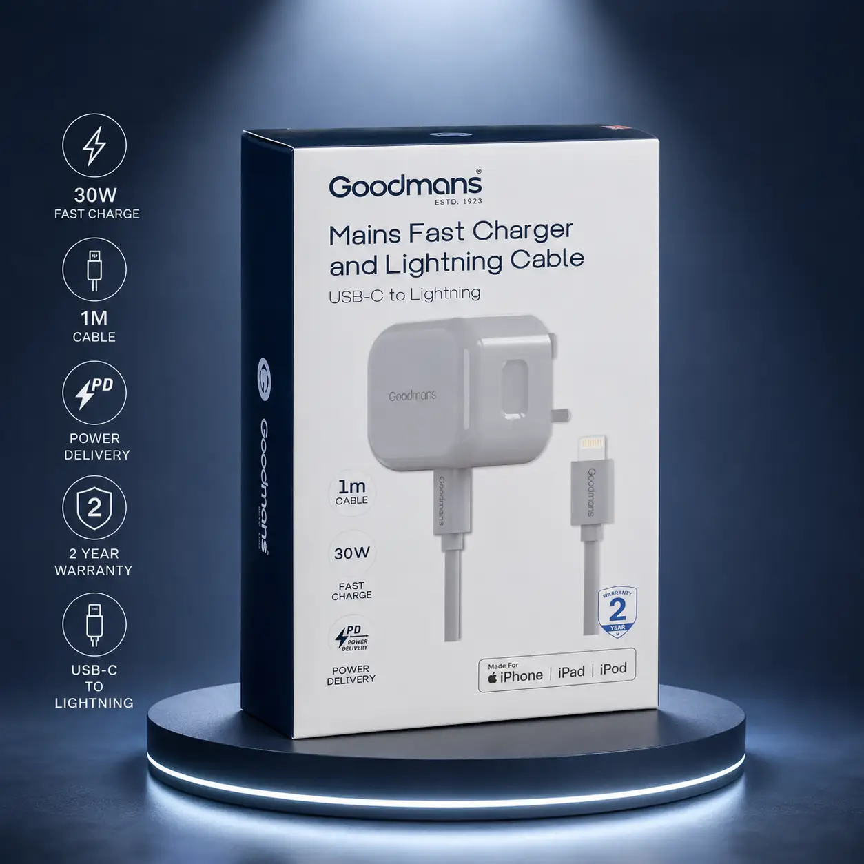 Goodmans Lightning Mains Charger & Cable 1.2m - Grey
