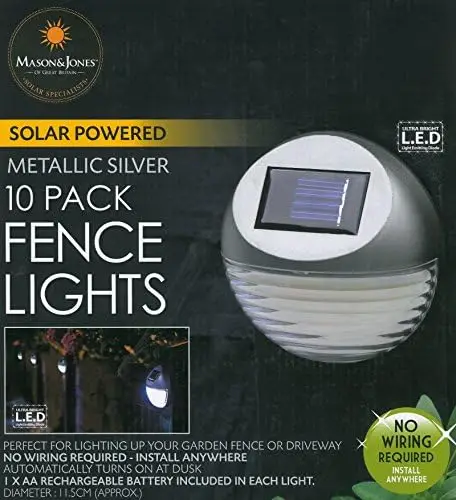 Pack of 10 Fence, Wall or Door Silver LED Solar Powered Garden Lights