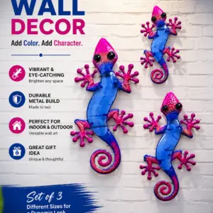 Beautifully Glass Body Reflects Sunlight Gecko Wall Art Brighten Up Any Wall or Fence in Your Garden 3pk - Purple