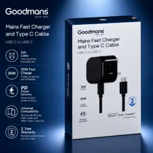 Goodmans Type C Mains Charger & Cable - Black